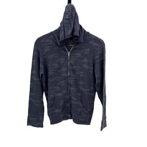 Monrow Womens Camo Zip Up Rayon Blend Hoodie Sweatshirt Vintage Black Blue Large